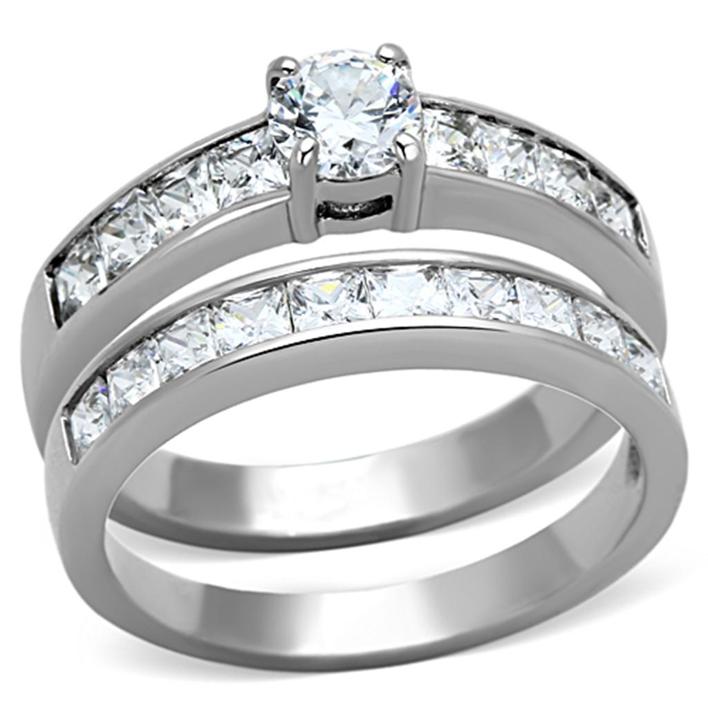 TK1321 - High polished (no plating) Stainless Steel Ring with AAA Grade CZ in Clear